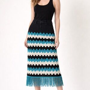 UPCYCLED Stylish Black and Blue CROCHET Fringe Skirt